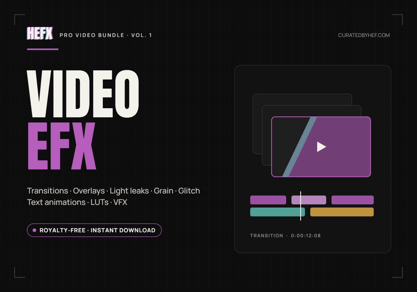 HEFX Video EFX — Transitions, Overlays, Light leaks, Grain, Glitch, Text animations, LUTs, VFX